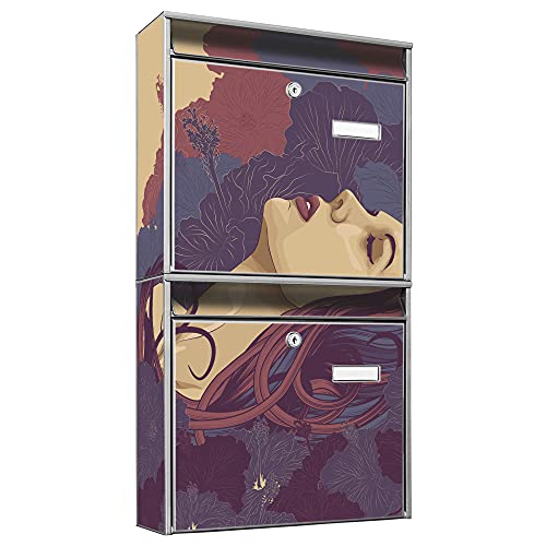 banjado® Briefkastenanlage 2 Fach 36x64x10cm mit Motiv/Briefkasten groß mit Namensschild/Postkasten A4 Einwurf inkl. Montagematerial & je 2 Schlüsseln/Briefkasten ohne Zeitungsfach