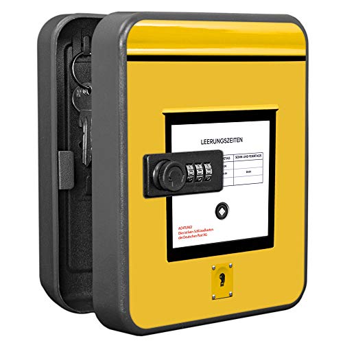 banjado® abschließbarer Schlüsselkasten mit Motiv Briefkasten Gelb für 20 Schlüssel - Schlüsselkasten mit Zahlenschloss 20 x 16 x 7,4cm groß - Schlüsselschrank aus Stahlblech schwarz