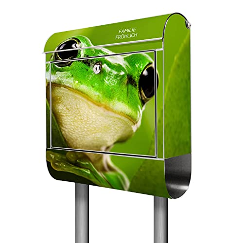 banjado® Briefkasten mit Standfuß personalisiert Motiv Frosch - Stand Briefkasten Edelstahl mit Zeitungsfach - Postbox/Postkasten A4 Einwurf inkl. Montagematerial & 2 Schlüssel