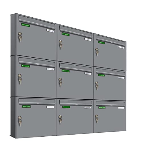 AL Briefkastensysteme Basic 9er Briefkasten RAL 9006 Weiß Aluminium Silber Edelstahl-farbig 9 Fach DIN A4 wetterfest Briefkastenanlage mit Posthaltebügel und 2 Namensschildern