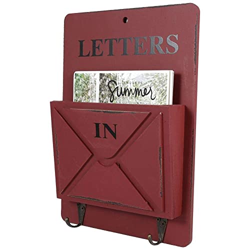 Cafopgrill Zeitschriftenhalter, Wandmontage, Briefkasten aus Eisen, Vintage, Schlüsselanhänger, Wandaufbewahrung, kreative Heimdekoration mit Haken, 7,1 x 1,7 x 10,2 Zoll (rot)