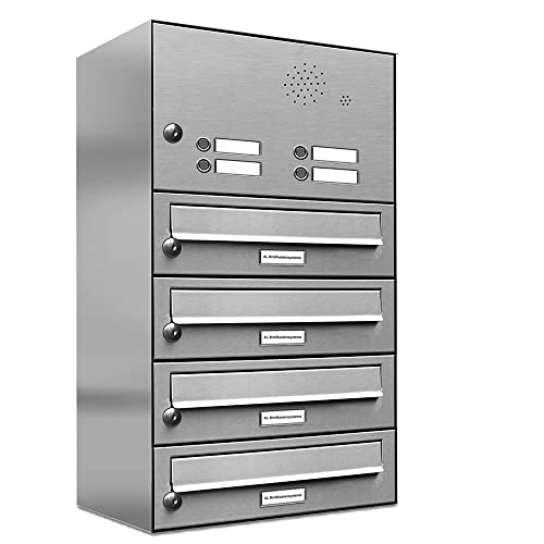 AL Briefkastensysteme 4er Briefkastenanlage mit Klingel, Edelstahl, Premium Briefkasten DIN A4, 4 Fach Postkasten modern Aufputz