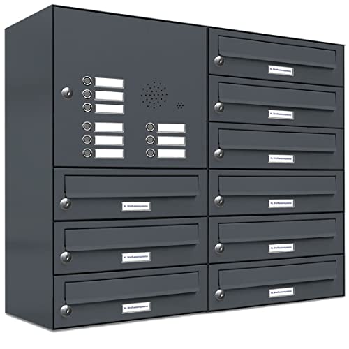 AL Briefkastensysteme 9er Briefkastenanlage mit Klingel Anthrazit Grau RAL 7016, Premium Briefkasten DIN A4, 9 Fach Postkasten modern Aufputz