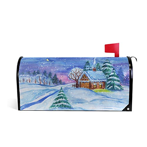 Watercolor Winter House Firtrees Schnee Magnetic Mailbox Cover MailWraps Christmas Blue White Mailbox Wraps Post Box Garden Hard Home Decor for Outdoor Standard Size