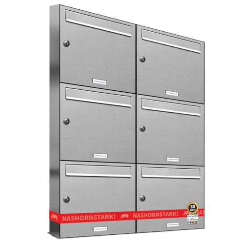 AL Briefkastensysteme 6er Briefkastenanlage Edelstahl, Premium Briefkasten DIN A4, 6 Fach Postkasten modern Aufputz