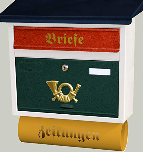 Stylischer Design Briefkasten, Motiv in vielen Farben weiss grün schwarz blau gelb rot grau violett pink metallic, komplett mit Zeitungsrolle, wetterfest lackiert, Flachdach mit Katalogeinwurf,
