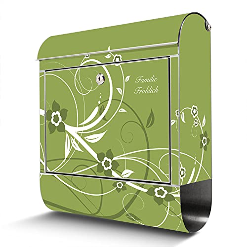 banjado® Briefkasten Edelstahl personalisiert mit Motiv WT Grüne Blüten 38x43x12cm & 2 Schlüssel - rostfreier Edelstahl Briefkasten mit Zeitungsfach - Postkasten A4 Einwurf inkl. Montagematerial