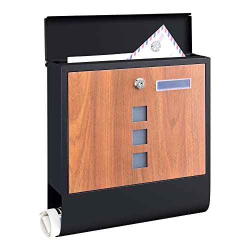 [en.casa] Briefkasten Sanitz 34x31x10cm Postkasten mit Zeitungsröhre Wandbriefkasten mit Sichtfenster Abschließbar mit 2 Schlüssel Stahl Anthrazit/Holzoptik