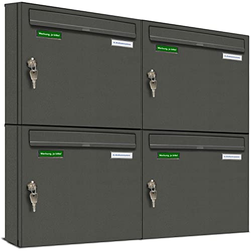 AL Briefkastensysteme Basic 4er Briefkasten DB 703 Eisenglimmer Grau 4 Fach DIN A4 wetterfest Briefkastenanlage mit Posthaltebügel und 2 Namensschildern