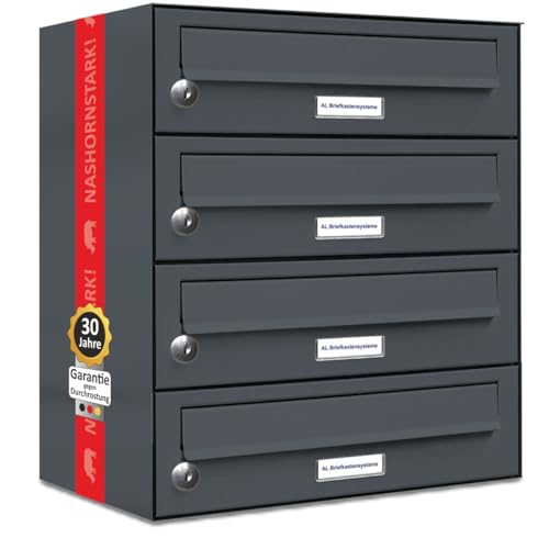 AL Briefkastensysteme 4er Briefkastenanlage Anthrazit Grau RAL 7016, Premium Briefkasten DIN A4, 4 Fach Postkasten modern Aufputz