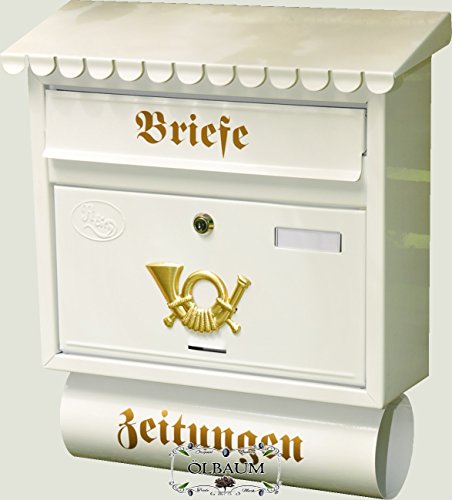 Wandbriefkasten,Großer Briefkasten, Premium-Qualität aus Stahl, mit Schutzlackierung Flachdach F weiß schneeweiß snow white mit Katalogeinwurf und Zeitungsrolle