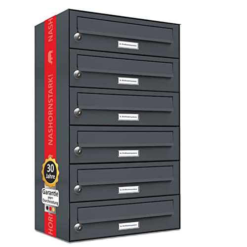 AL Briefkastensysteme 6er Briefkastenanlage Anthrazit Grau RAL 7016, Premium Briefkasten DIN A4, 6 Fach Postkasten modern Aufputz