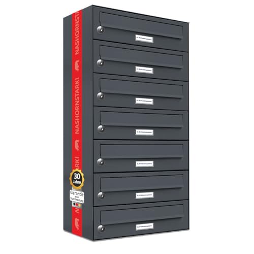 AL Briefkastensysteme 7er Briefkastenanlage Anthrazit Grau RAL 7016, Premium Briefkasten DIN A4, 7 Fach Postkasten modern Aufputz