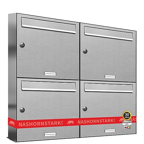 AL Briefkastensysteme 4er Briefkastenanlage aus V2A Edelstahl, Premium Briefkasten DIN A4, 4 Fach Postkasten modern Aufputz