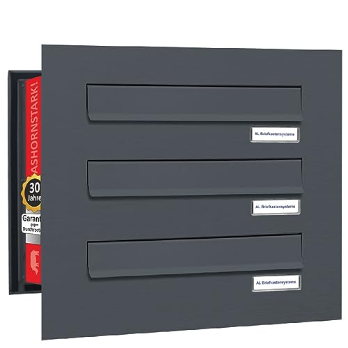 AL Briefkastensysteme 3er Briefkasten Mauerdurchwurf in Anthrazitgrau RAL 7016, 3 Fach DIN A4, wetterfeste Premium Briefkastenanlage Postkasten