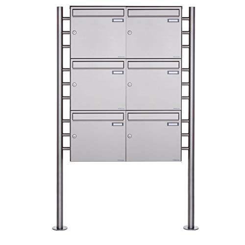 6er Standbriefkasten - 6 fach Briefkastenanlage Design BASIC 381 - Briefkasten Manufaktur Lippe (6 Parteien, senkrecht, Edelstahl)