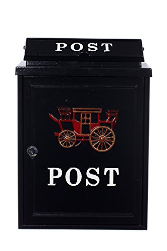 Birendy XXL Antiker großer Briefkasten PT 26 Schwarz Wandbriefkasten Postkasten Letterbox mit herausgearbeiteter Kutsche