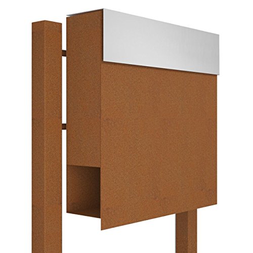 Standbriefkasten mit Zeitungsfach, Design Briefkasten Manhattan Stand Rost/Edelstahl - Bravios