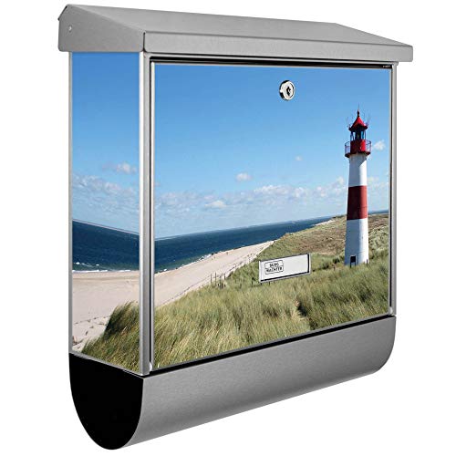 banjado® Burgwächter Briefkasten Edelstahl 38x39x12cm mit Motiv Leuchtturm/Briefkasten Edelstahl ohne Zeitungsfach/Briefkasten grau/Postkasten inkl. Montagematerial & 2 Schlüsseln