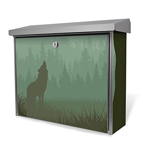 banjado® Burgwächter Briefkasten Edelstahl 38x39x12cm mit Motiv Heulender Wolf/Briefkasten Edelstahl ohne Zeitungsfach/Briefkasten grau/Postkasten inkl. Montagematerial & 2 Schlüsseln