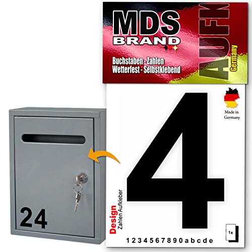 MDS Brand Design 10cm Zahlen Aufkleber | Selbstklebende Klebezahlen für Briefkasten, Mülltonne, Hausnummer Aufkleber für Außen & Innen Schwarz (4)
