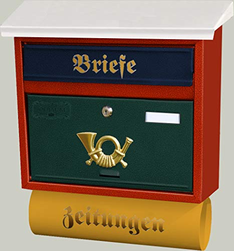 Retro Design Briefkasten, Motiv mit WETTERSCHUTZ, mehrfarbig z.B. weiss grün schwarz blau gelb rot grau metallic, Zeitungsrolle, Katalogeinwurf,