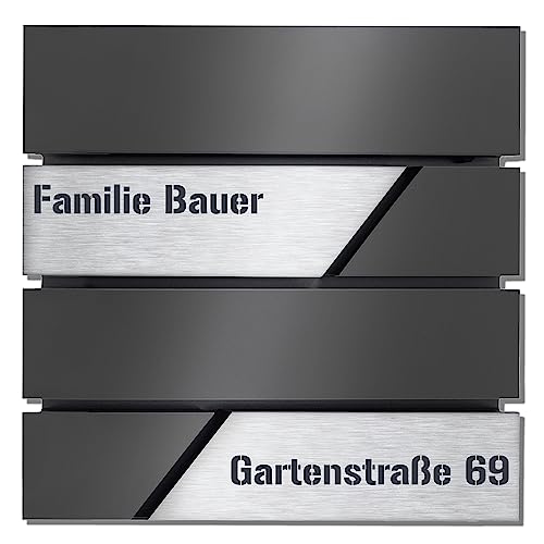Design Anthrazit Briefkasten mit Hausnummer & Ihre Namen Gravur Personalisiert, Wandbriefkasten mit Extra Zeitungsfach, Briefkasten Groß 37x37x11cm, Rostfrei und UV-beständig Verzinkter Stahl, Silber