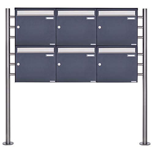 6er Standbriefkasten - 6 fach Briefkastenanlage Design BASIC 381 - Briefkasten Manufaktur Lippe (6 Parteien, waagerecht, Edelstahl/RAL 7016 anthrazitgrau feinstruktur matt)
