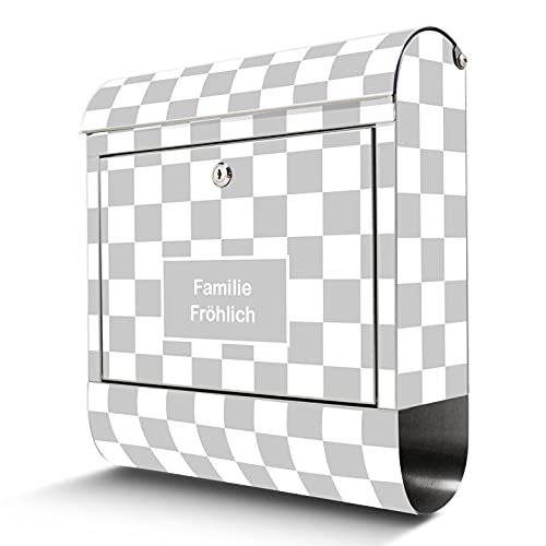 banjado® Briefkasten Edelstahl personalisiert mit Motiv Karo Grau 38x43x12cm & 2 Schlüssel - rostfreier Edelstahl Briefkasten mit Zeitungsfach - Postkasten A4 Einwurf inkl. Montagematerial