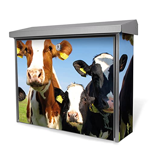 banjado® Burgwächter Briefkasten Edelstahl 38,5x31,5x12cm mit Motiv Kühe/Briefkasten Edelstahl ohne Zeitungsfach/Briefkasten grau/Postkasten inkl. Montagematerial & 2 Schlüsseln
