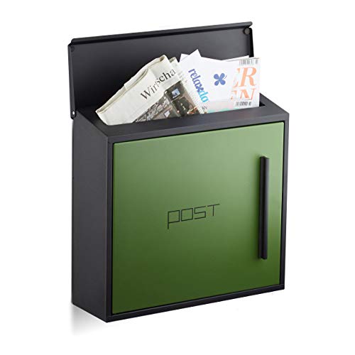 Relaxdays Briefkasten grün modern Zweifarben Design, DIN-A4 Einwurf, Stahl, groß, HxBxT: 33 x 35 x 12,5 cm, schwarz-grün