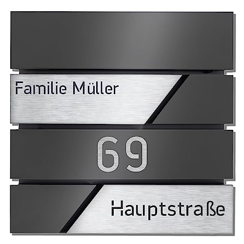 Design Anthrazit Briefkasten mit Hausnummer & Ihre Namen Gravur Personalisiert, Wandbriefkasten mit Extra Zeitungsfach, Briefkasten Groß 37x37x11cm, Rostfrei und UV-beständig Verzinkter Stahl, Silber