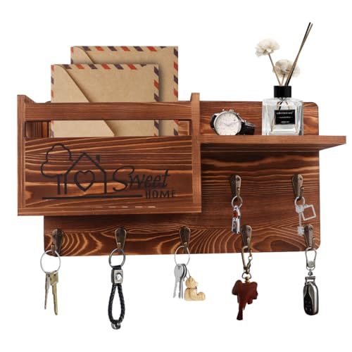 Gocokia Schlüssel-Aufhänger-Org anizer, Post- und Schlüsselhalter für Wanddekoration, Wandregal mit 7 Schlüsselhaken, Wandmontage, Schlüsselaufhänger mit Briefkasten, Heimdekoration (Braun)