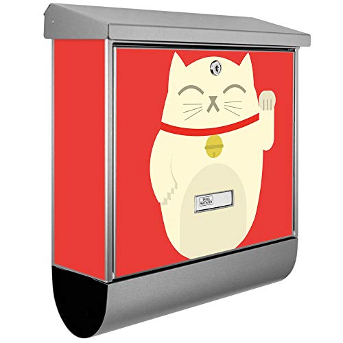 banjado® Burgwächter Briefkasten Edelstahl 38x39x12cm mit Motiv Manekineko/Briefkasten Edelstahl ohne Zeitungsfach/Briefkasten grau/Postkasten inkl. Montagematerial & 2 Schlüsseln