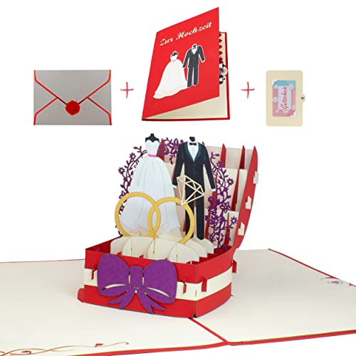 uniqHeart® Handgemachte 3D Pop-Up Hochzeits-Karte Brautpaar in Ring-Box - inkl. edlem Wachs-Siegel und elegantem Geschenk-Umschlag - Glückwunsch-Karte - Standesamt - Trauung- Gutschein