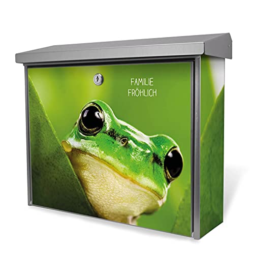 banjado® Burgwächter Briefkasten Edelstahl 38x39x12cm mit Motiv Frosch/Briefkasten Edelstahl ohne Zeitungsfach/Briefkasten grau/Postkasten inkl. Montagematerial & 2 Schlüsseln