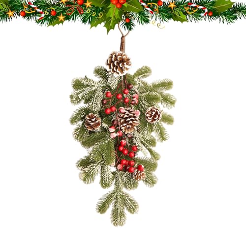 Künstliche Weihnachtsgirlande, künstlicher Tannenkranz in Tropfenform, 55 x 35 cm, bunte künstliche Tannenzweige in Tropfenform, Türgirlande, Tannenzapfen, Weihnachtsdekoration für Wand, Briefkasten,
