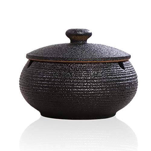 Lependor Aschenbecher aus Keramik mit Deckel, winddicht, Zigarettenaschenbecher für den Innen- oder Außenbereich ? Aschenhalter für Raucher, Desktop-Aschenbecher für die Inneneinrichtung - Schwarz