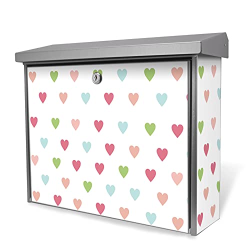 banjado® Burgwächter Briefkasten Edelstahl 38,5x31,5x12cm mit Motiv Herzen Auf Weiß/Briefkasten Edelstahl ohne Zeitungsfach/Briefkasten grau/Postkasten inkl. Montagematerial & 2 Schlüsseln