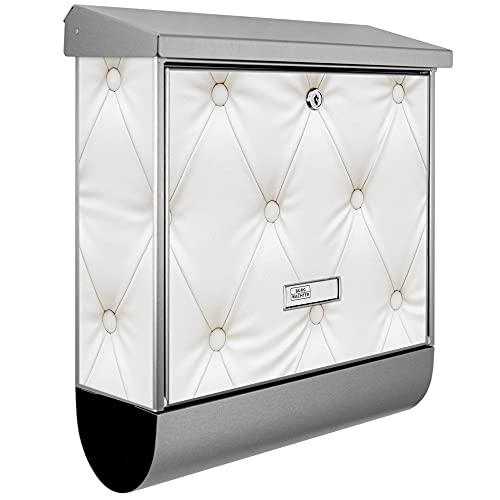 banjado® Burgwächter Briefkasten Edelstahl 38x39x12cm mit Motiv Weißes Polster/Briefkasten mit Zeitungsfach/Briefkasten mit Zeitungsrolle/Postkasten inkl. Montagematerial & 2 Schlüsseln