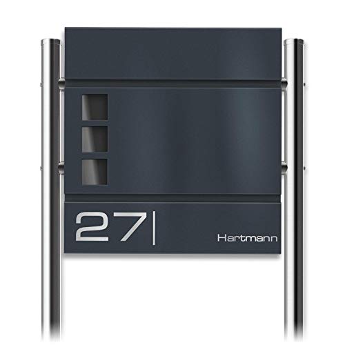 Metzler Standbriefkasten in Anthrazit RAL 7016 Cube - Name & Hausnummer als Lasergravur - Design Briefkasten mit Zeitungsfach, Fenster & Briefkastenständer - Größe: 37 x 37 x 10,5 cm - Höhe 120 cm