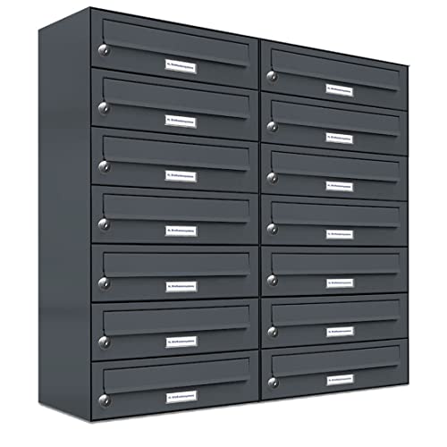 AL Briefkastensysteme 14er Briefkastenanlage Anthrazit Grau RAL 7016, Premium Briefkasten DIN A4, 14 Fach Postkasten modern Aufputz