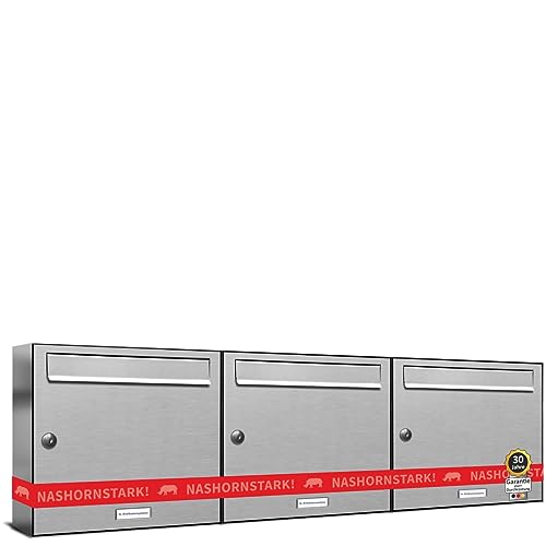 AL Briefkastensysteme 3 er Briefkastenanlage Edelstahl, Premium Briefkasten DIN A4, 3 Fach Postkasten modern Aufputz