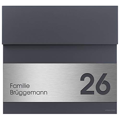 Letterman 4 Radius Design Briefkasten anthrazit-grau (RAL 7016) mit V4A-Edelstahl-Schild für Namen und Hausnummer-Gravur