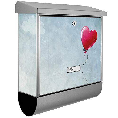 banjado® Burgwächter Briefkasten Edelstahl 38x39x12cm mit Motiv Herzballon/Briefkasten Edelstahl ohne Zeitungsfach/Briefkasten grau/Postkasten inkl. Montagematerial & 2 Schlüsseln