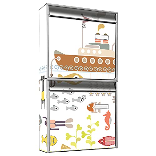 banjado® Briefkastenanlage 2 Fach 36x64x10cm mit Motiv/Briefkasten groß mit Namensschild/Postkasten A4 Einwurf inkl. Montagematerial & je 2 Schlüsseln/Briefkasten ohne Zeitungsfach