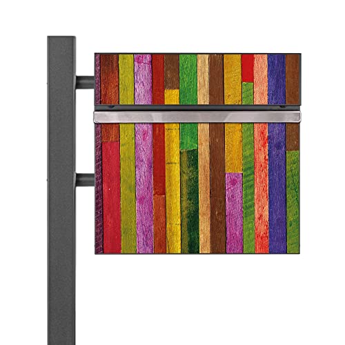 banjado® Standbriefkasten Anthrazit mit Motiv Holz Collage Bunt & Zeitungsfach / Briefkasten mit Standfuß in Anthrazit / Postkasten A4 Einwurf inkl. Montagematerial & 2 Schlüsseln