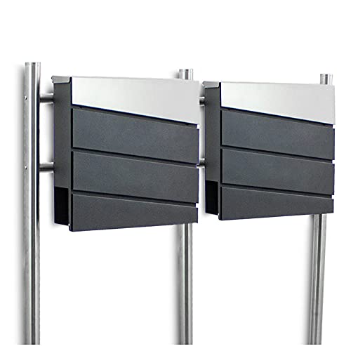 BITUXX Freistehender Design Doppel Standbriefkasten 18438 Briefkastenanlage Briefkasten mit Zeitungsfach Anthrazit Graphit Optik und Edelstahl Einwurf