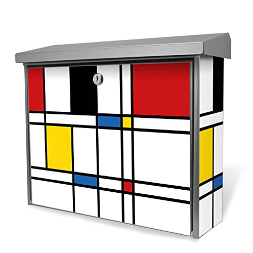 banjado® Burgwächter 38,5x31,5x12cm mit Motiv Rot Gelb Blau/Briefkasten ohne Zeitungsfach/Briefkasten grau/Postkasten inkl. Montagematerial & 2 Schlüsseln