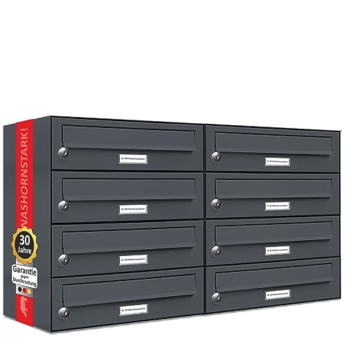 AL Briefkastensysteme 8er Briefkastenanlage Anthrazit Grau RAL 7016, Premium Briefkasten DIN A4, 8 Fach Postkasten modern Aufputz